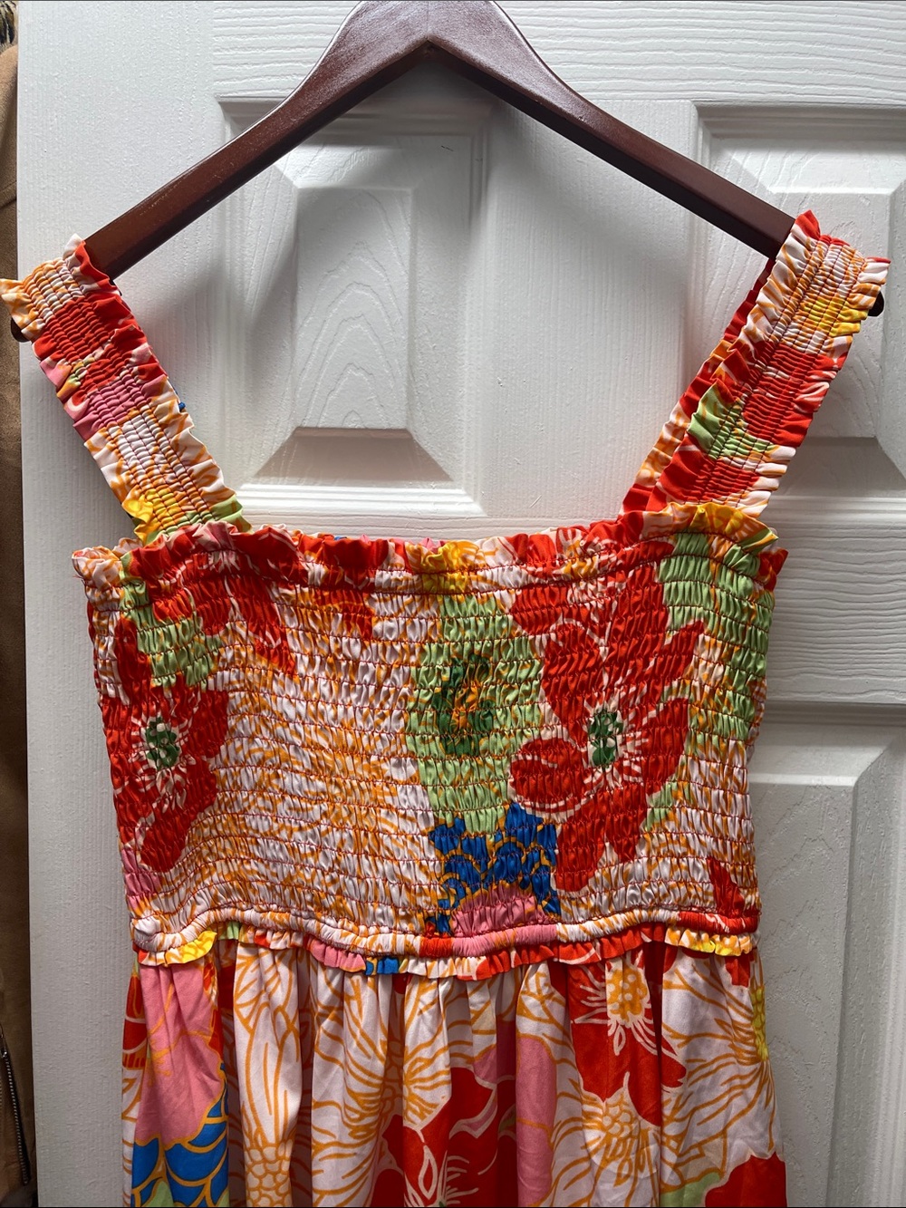 entro Multicolor Floral Smocked Dress in Red, Green & Pink